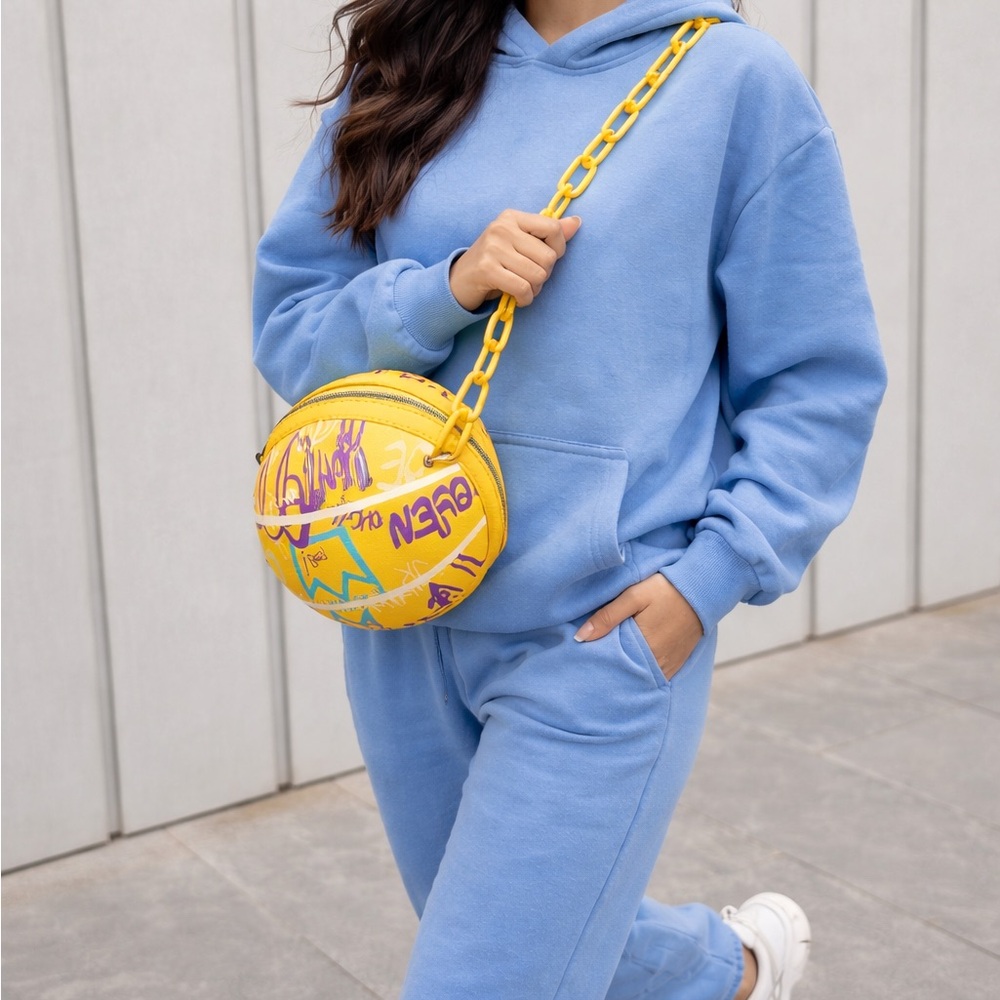 Brand New Yellow Graphic Round Bag with Chain - Picture 14 of 14